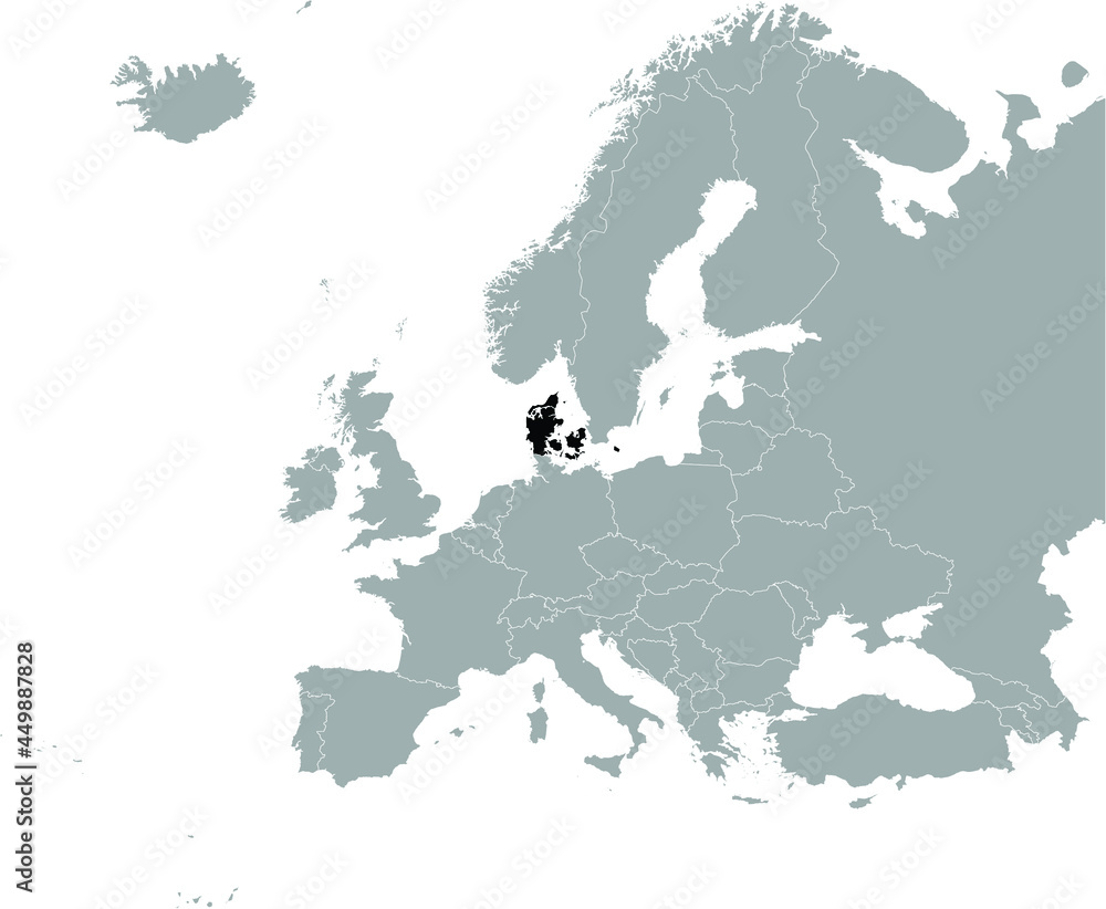 Obraz premium Black Map of Denmark on Gray map of Europe 