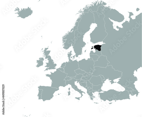 Black Map of Estonia on Gray map of Europe 