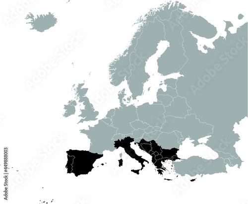 Black Map of South Europe countries on Gray map of Europe 