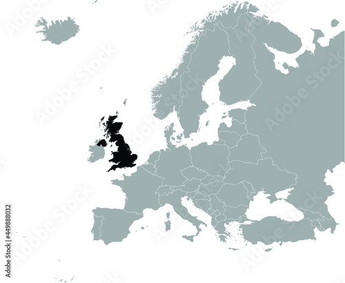 Black Map of United Kingdom on Gray map of Europe 