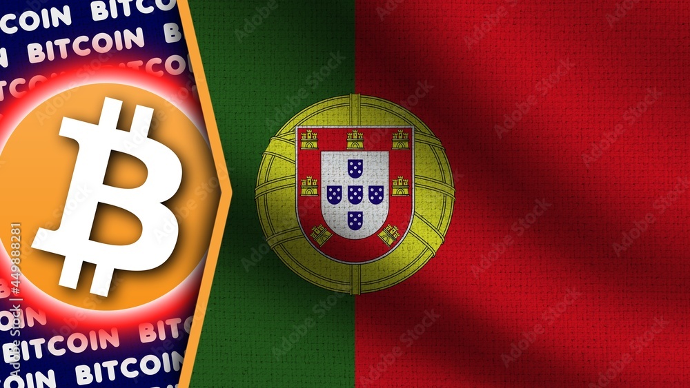 Portugal Realistic Wavy Flag, Bitcoin Logo and Titles, Circle Neon Effect Fabric Texture 3D Illustration