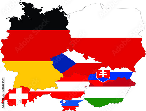 Map of Central Europe countries with national flag