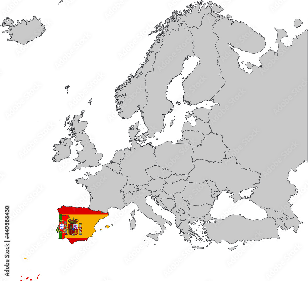 Map of Iberian peninsula countries with national flag on Gray map of Europe 