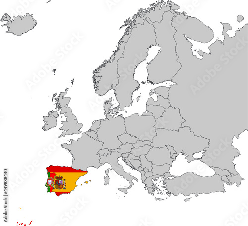 Map of Iberian peninsula countries with national flag on Gray map of Europe 