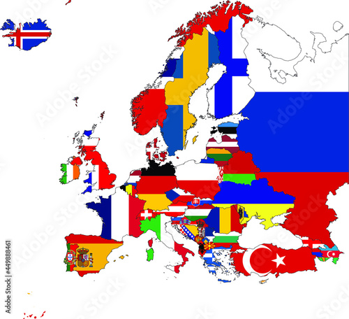 Map of Europe countries with national flag 