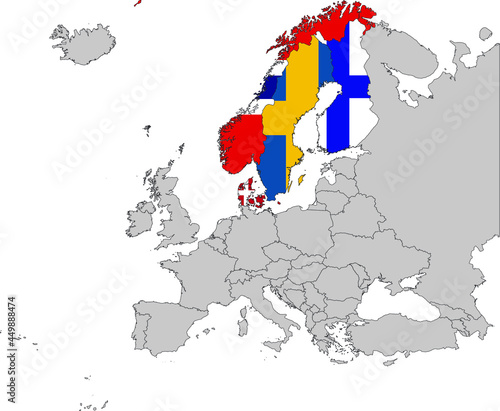 Map of Scandinavian countries with national flag on Gray map of Europe  