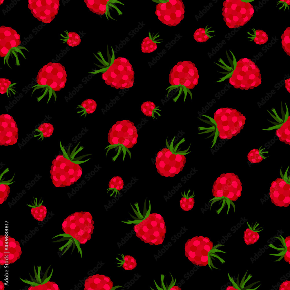 Raspberry seamless vintage pattern on black background