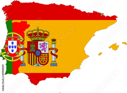 Map of Iberian peninsula countries with national flag 