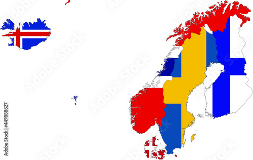 Map of North Europe-Nordic countries with national flag 