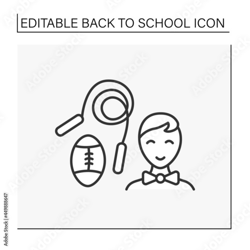 PE line icon. Physical education lesson. Schoolboy on with special equipment. Ball and skipping rope. After class activity.Education concept. Isolated vector illustration. Editable stroke