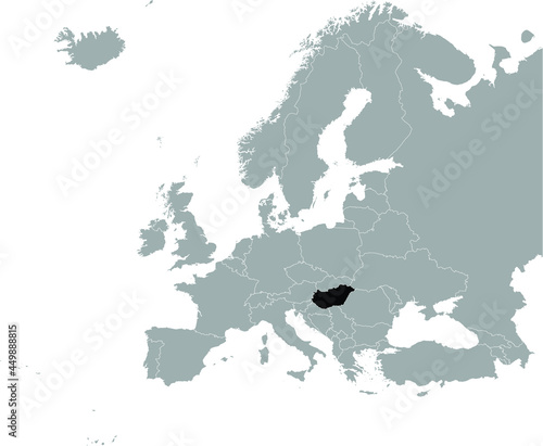 Black Map of Hungary on Gray map of Europe 
