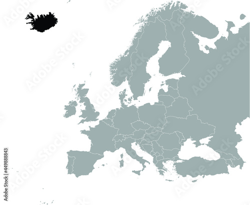Black Map of Iceland on Gray map of Europe 