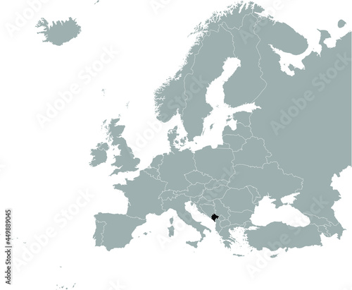 Black Map of Montenegro on Gray map of Europe 