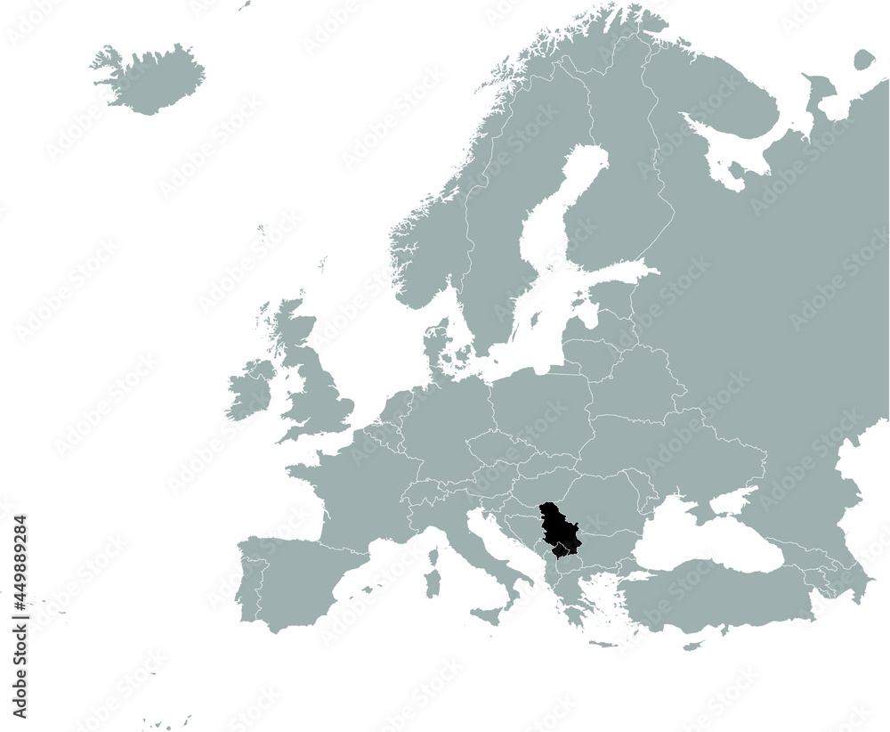 Black Map Serbia with Kosovo on Gray map of Europe 