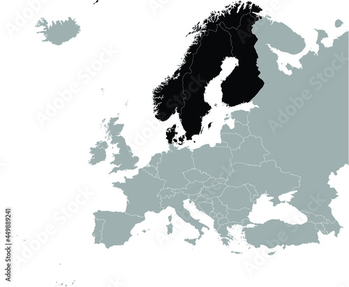 Black Map of Scandinavia peninsula countries on Gray map of Europe 