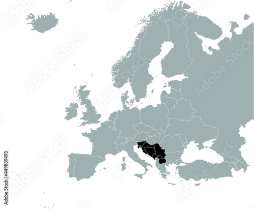 Black Map of Former Yugoslavia countries on Gray map of Europe 