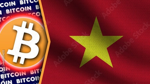 Vietnam Realistic Wavy Flag, Bitcoin Logo and Titles, Circle Neon Effect Fabric Texture 3D Illustration
