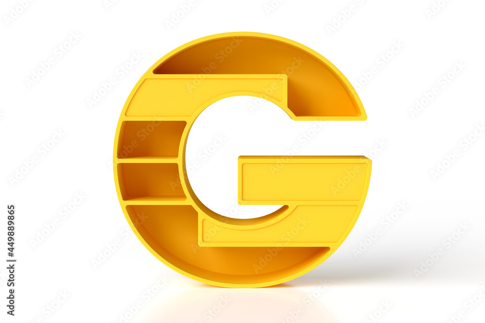 3D letter G furniture shaped made of yellow plastic. Web and print decorative projects concept. 3D rendering. 3D letter G furniture shaped made of yellow plastic. Web and print decorative projects concept. 3D rendering.