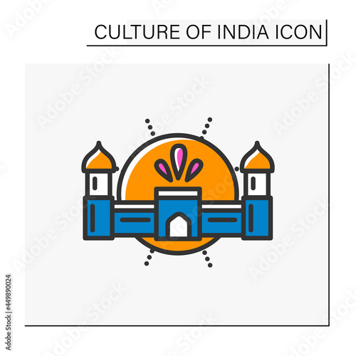  Agra fort color icon. Red majestic stone fortress, Mughal monument. World heritage. Indian landmark. Indian culture, esthetics,traditions and customs.Isolated vector illustration photo