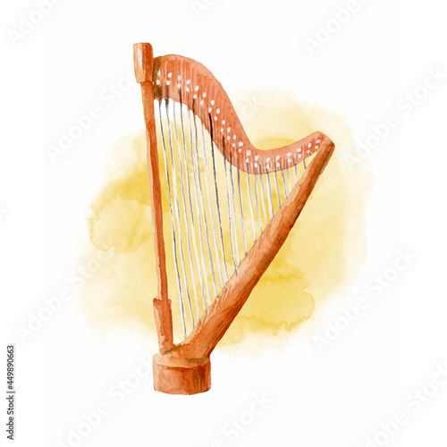 Fototapeta Classical Harp with abstract Watercolor yellow spot