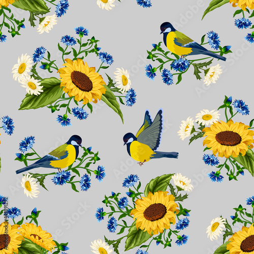 Bouquets of flowers with birds in the pattern.Birds, sunflowers and cornflowers on a white background in a color vector pattern. © AF