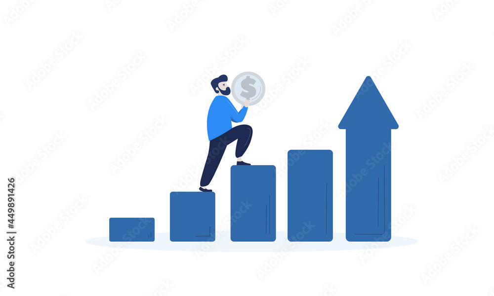 Vector illustration of the Businessman that Climbing with a Grey Coin to the Top of the Graphic to make his Business run successfully Vector illustration of the Businessman that Climbing with a Grey Coin to the Top of the Graphic to make his Business run successfully