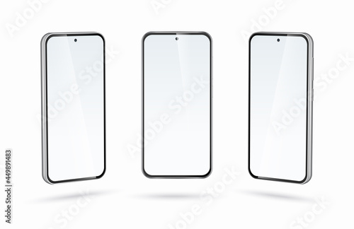 Realistic 3d vector smartphone in front, right and left perspective view. Mobile phone with blank screen isolated on white background.