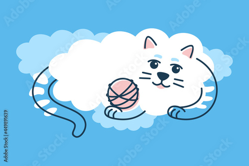 A cloud-shaped cat lies on a blue cloud, looking at a skein of yarn. Cute pet on a blue background. Flat vector illustration.