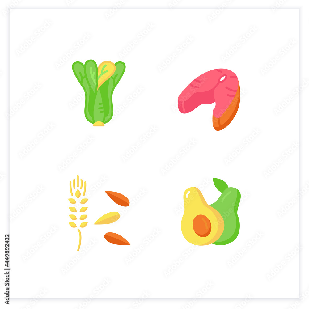 Superfoods flat icons set. Bok choy, avocado, salmon steak, barley. Vegetarian, organic, healthy nutrition. Detox and dietary supplements. Color vector illustrations