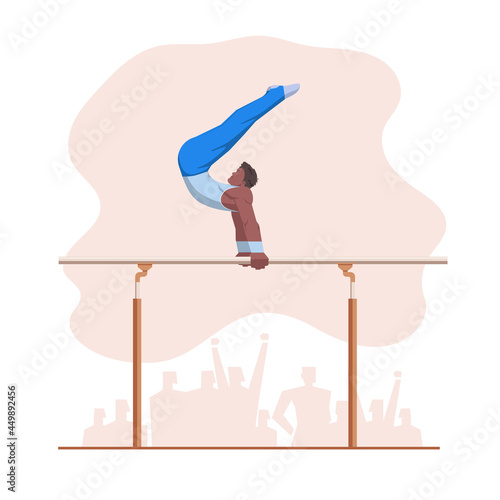 A gymnast with an athletic physique performs on Parallel bars, athlete shows static hold skill with his hands. Vector flat design illustration. Individual all-around preflight competition scene.