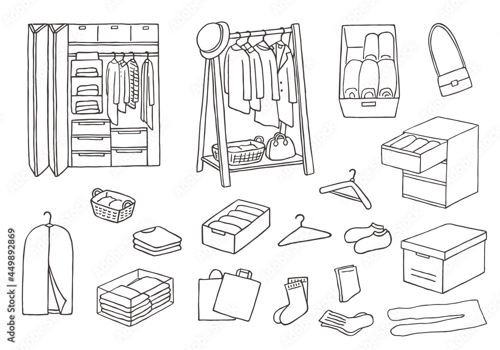 クローゼット 服の収納にまつわる手描きイラスト モノクロ Stock Vector Adobe Stock クローゼット 服の収納にまつわる手描きイラスト モノクロ Stock Vector Adobe Stock