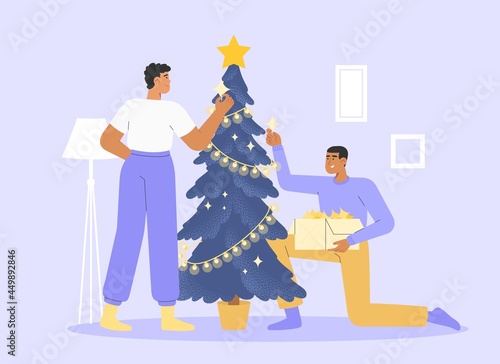 Flat vector illustration with happy homosexual family is decorating the Christmas tree. Concept of Christmas and New Year celebrations and preparations.  