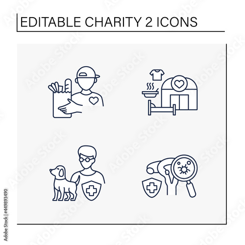 Charity line icons set. Volunteer, shelter, blind and visually impaired and cancer charities. Volunteering concept. Isolated vector illustrations. Editable stroke
