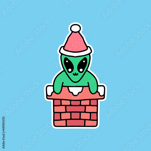 little alien wearing Santa hat in the chimney, illustration for stickers and t shirt.