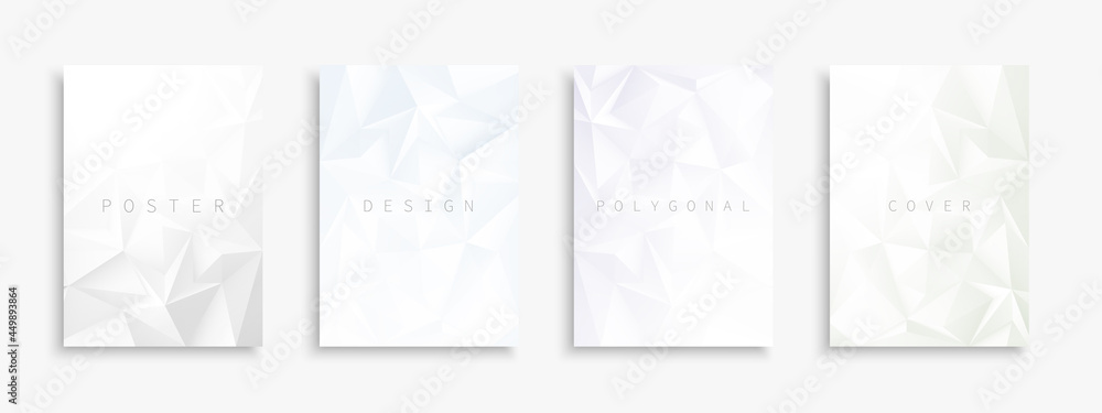 Collection of light colorful abstract polygonal templates, posters, placards, brochures, banners, flyers, backgrounds and etc. Bright gradient geometric relief covers with 3d shapes