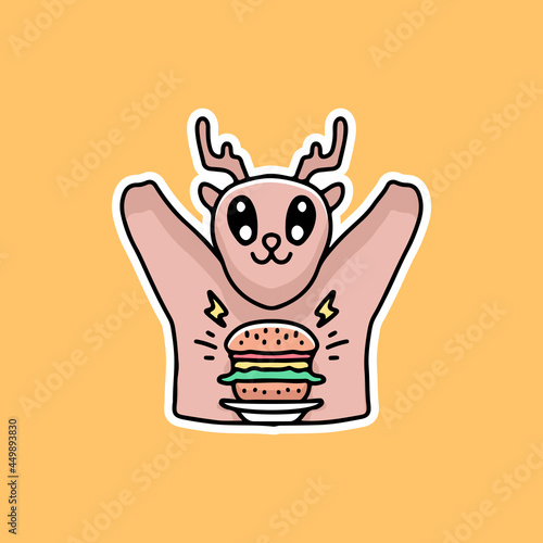 Happy deer with burger cartoon, illustration for stickers and t shirt.