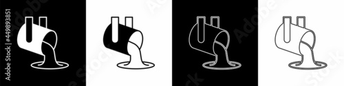 Set Molten gold being poured icon isolated on black and white background. Molten metal poured from ladle. Vector