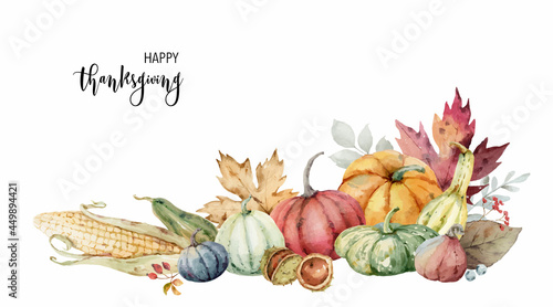 Watercolor vector festive autumn decor of colorful pumpkins, corn, chestnuts and leaves.