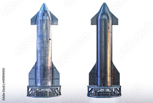 Starship SN20, reusable super heavy lift launch vehicle rocket. Spaceship 3D image without and with heat shield hex tiles thermal protection. Spacex starship spaceflight to the Earth orbit,  photo