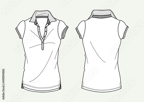 Polo donna con scollo profondo e bottoni disegno piatto sketch fashion illustration fronte e retro mock up vettoriale