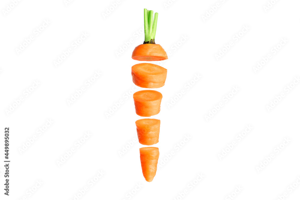 Ripe carrots whole and sliced levitate on a white background