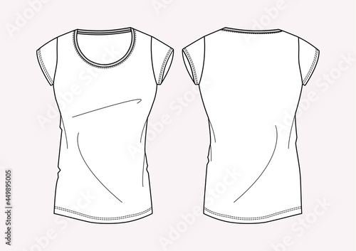 T-shirt donna manica corta girocollo ampio disegno piatto sketch fashion illustration fronte e retro mock up vetttoriale