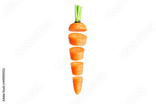 Obraz na płótnie Ripe carrots whole and sliced levitate on a white background w salonie