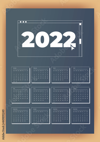 2022 year calendar with 12 month.  Flat modern tech design with abstract background. Template calendar with illustrations.  Sunday - the first day of the week. 