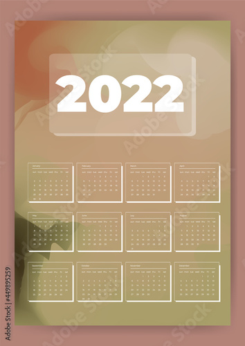2022 year calendar with 12 month.  Flat modern tech design with abstract background. Template calendar with illustrations.  Sunday - the first day of the week. 