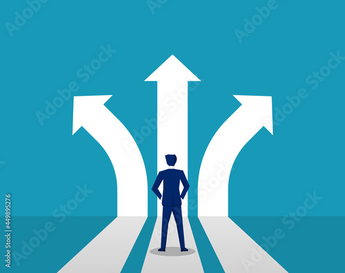 business decision to success. Businessman standing crossroads. choice way concept. vector illustration in flat style modern design.