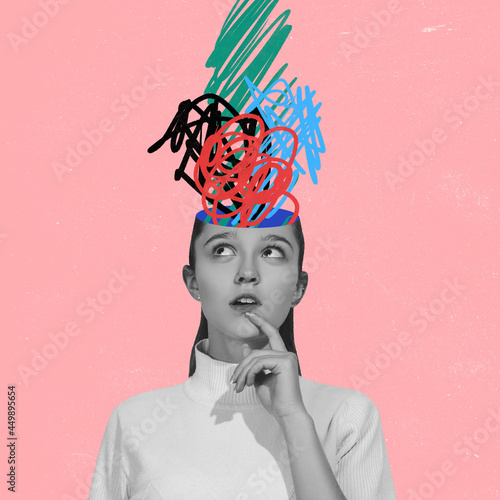 Chaos in girl's head and hurricane of thoughts. Modern design, contemporary art collage. Inspiration, idea, trendy urban magazine style. Line art photo