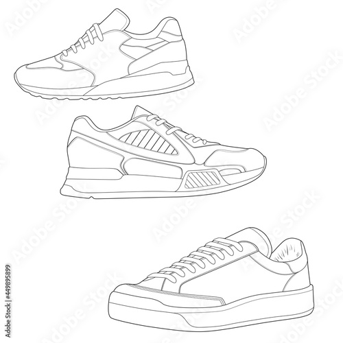 set of 3 outline Cool Sneakers. Shoes sneaker outline drawing vector, Sneakers drawn in a sketch style, sneaker trainers template outline, Set Collection. vector Illustration.