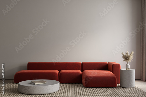 Modern interior with orange sofa and decor. 3d render illustration mockup