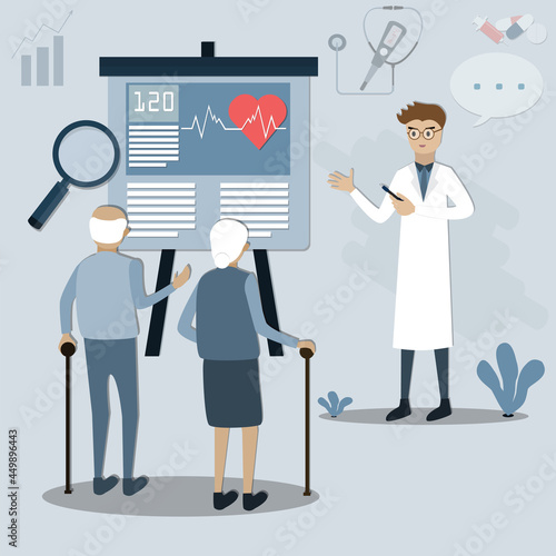 Flat design of health care concept,The doctor talks with the senior - vector